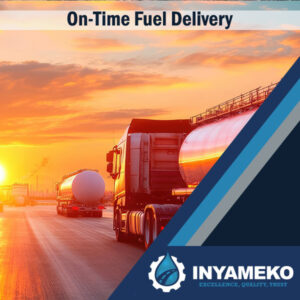 Tanker trucks drive on a highway at sunset under the text "On-Time Fuel Delivery." The image conveys reliability and trust, emphasized by warm colors.