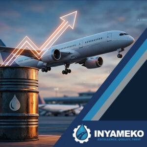 A passenger jet flies above an oil barrel and airport runway, with upward arrows and the text “INYAMEKO: Excellence, Quality, Trust.”